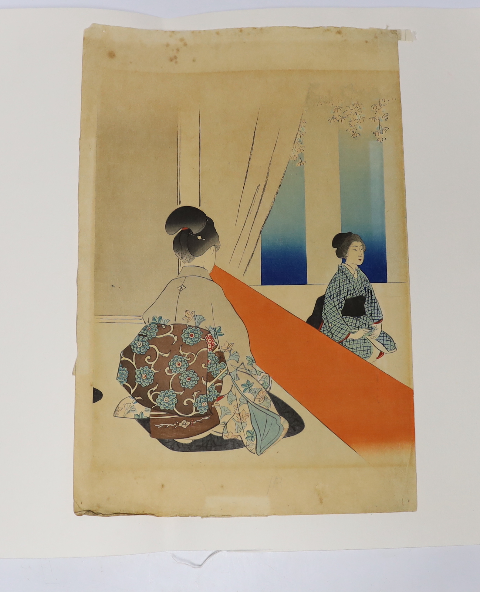 A Japanese woodblock triptych, by Miyagawa Shuntei, seated females, 39cm x 26cm unframed